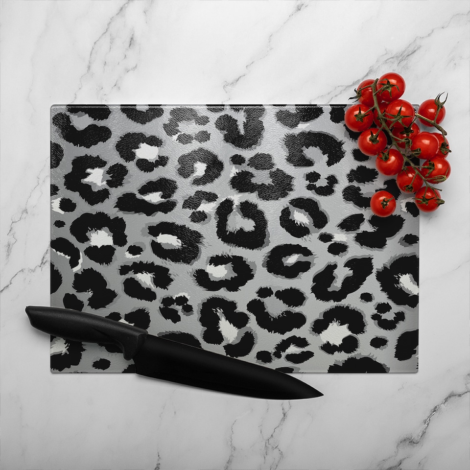 image 1 of Silver Leopard Print Glass Chopping Board | Multi