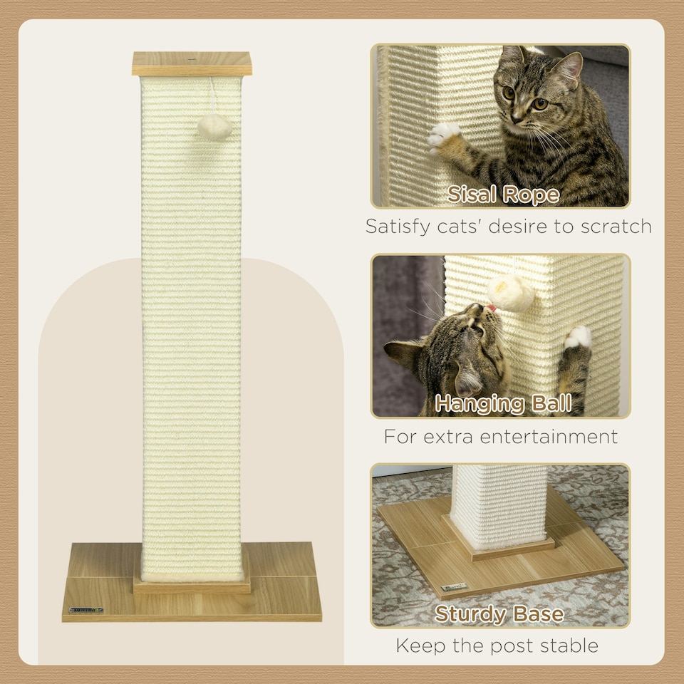 image 1 of PawHut Cat Scratch Post 80cm Tall, with Sisal Hanging Ball Toy, Oak Beige