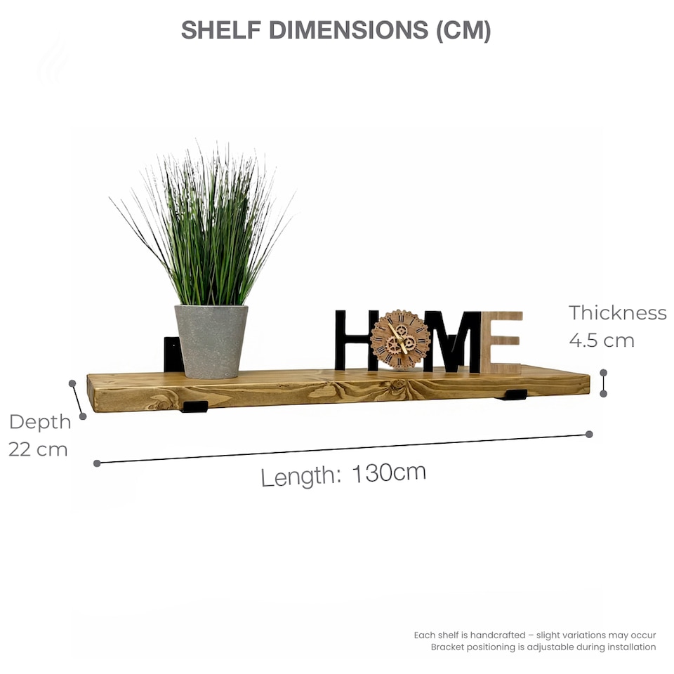 image 1 of MKGT Handmade Dark Oak Floating Wall Shelf with Steel Brackets, Solid Wood, 130 x 22 x 4.5 cm