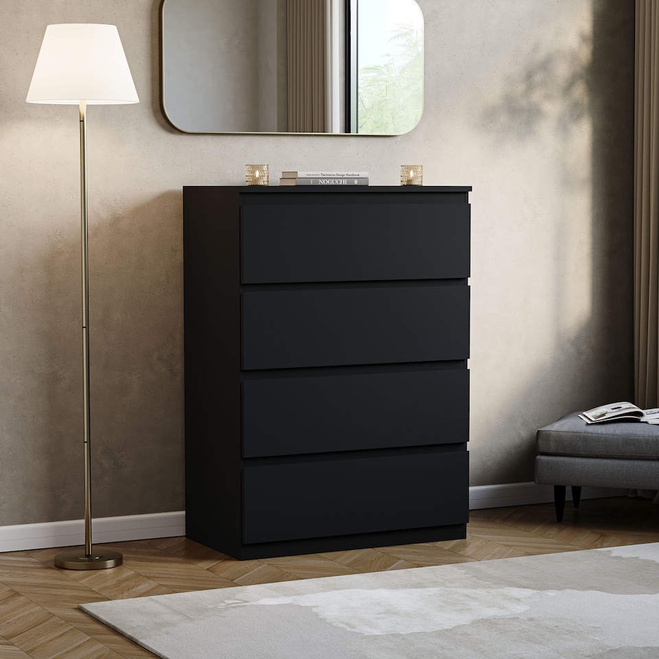 image 1 of Vida Designs Denver 4 Drawer Chest of Drawers Bedroom Storage, Black