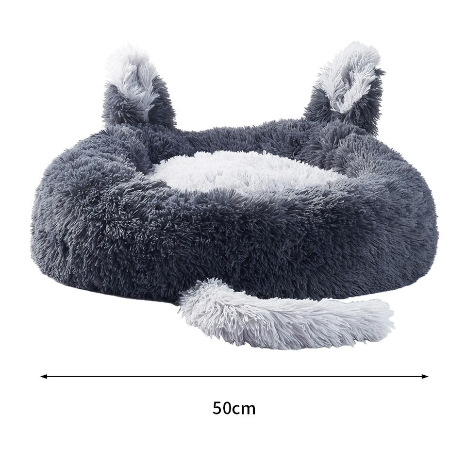 image 1 of Living and Home Round Plush Pet Calming Bed with Cute Ears -Dark Grey（50cm x 20cm）