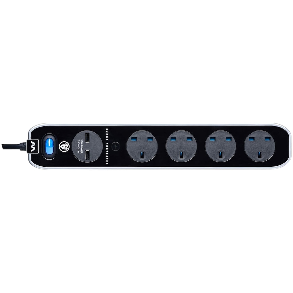 image 1 of Masterplug 4 Socket Surge Protected Power Strip Extension Lead 2 USB Ports 2m Black