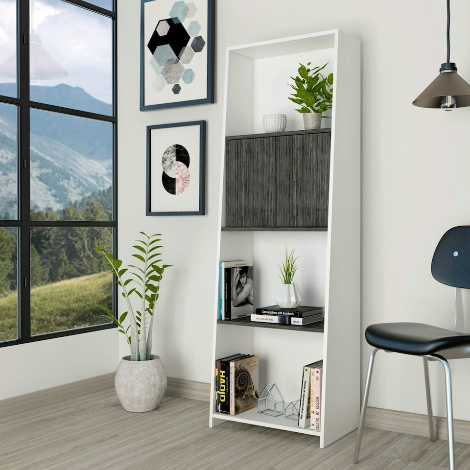 image 1 of Dallas White Bookcase With Doors - White and Carbon Grey Oak Effect with Modern Open-Plan Design | White | White & Carbon Grey | One Size | 1