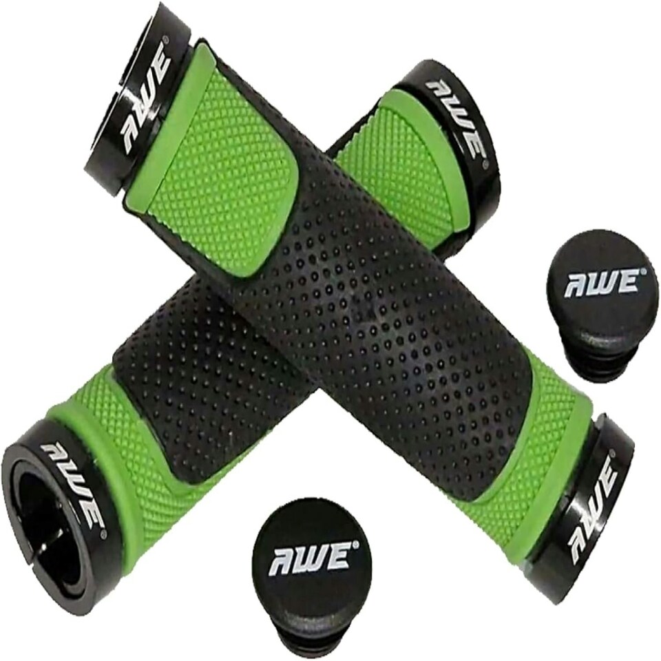 image 1 of AWE AWEGrip Alloy BMX MTB Bike Green/Black Handlebar Locking Grips + End Caps