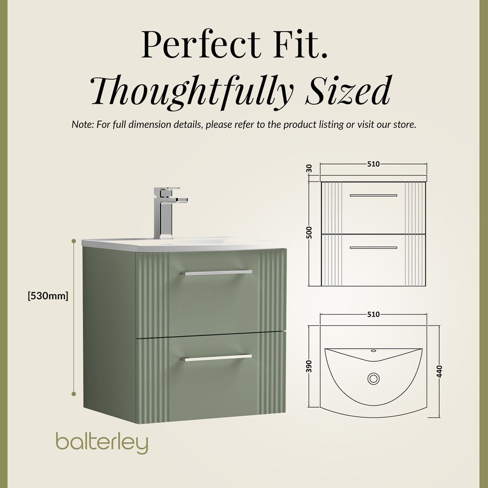 image 1 of Balterley Partial Fluted 2 Drawer Wall Hung Vanity Unit with 1 Tap Hole Curved Basin | Green | Satin Green