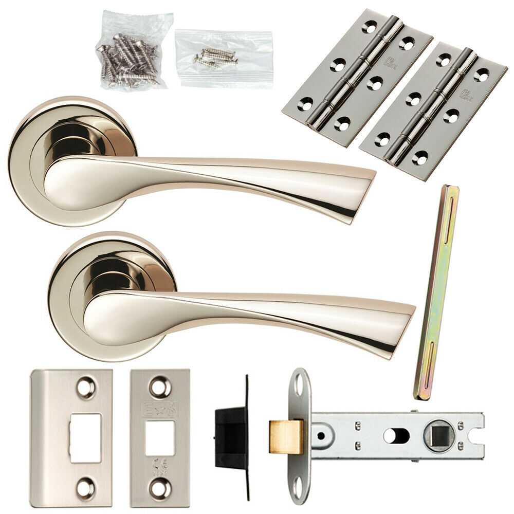 Loops Door Handle & Latch Pack Polished Nickel Angular Lever Screwless Round Rose in Metallics