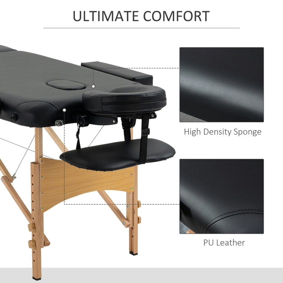image 1 of HOMCOM Wooden Folding Spa Beauty Massage Table w/ 2 Sections, Carry Bag, Black