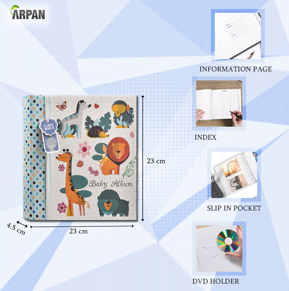 image 1 of ARPAN Slip In Memo Baby Photo Album – Holds 200 Photos 4x6" (10x15cm) – Jungle Animals Design with Index Pages & CD/DVD Pocket