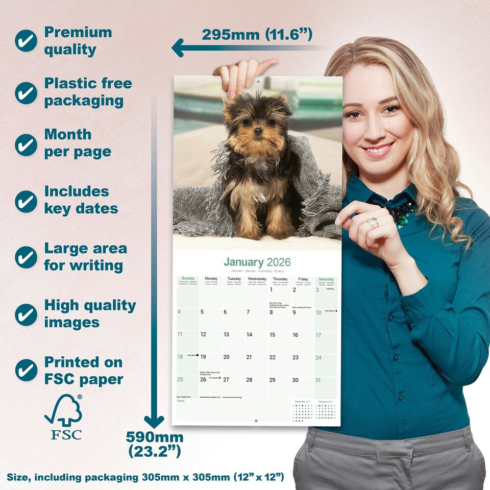 image 1 of Yorkshire Terrier Puppies 2026 Calendar | Square Wall Calendar | Dog Breed Gift | Plastic Free Packaging | by Avonside Publishing