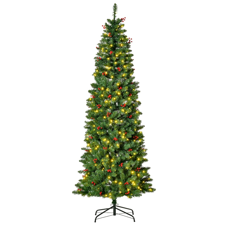 image 1 of HOMCOM 7FT Prelit Pencil Christmas Tree w/ LED Light, Berry, Xmas Decoration