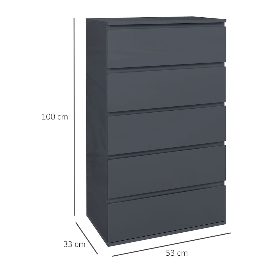 image 1 of HOMCOM Bedroom Chest of Drawers, High Gloss 5 Drawers Dresser, Grey