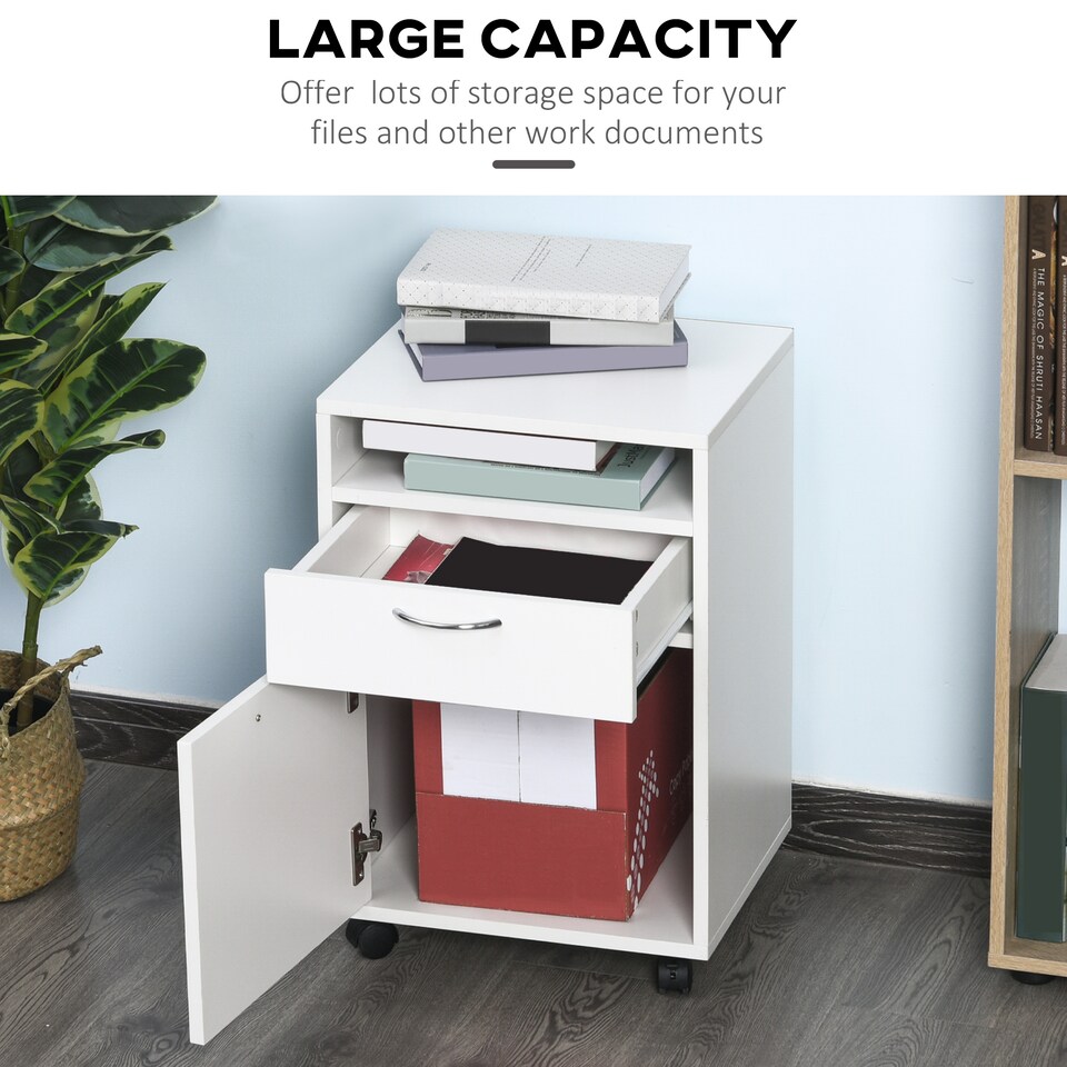 image 1 of HOMCOM 60cm Filing Cabinet with Drawer, Open Shelf, Metal Handles and 4 Wheels, Office Home Organiser Mobile Printer, White