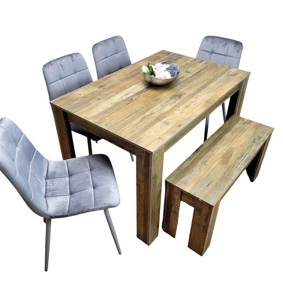 image 1 of Wooden Dining Table Set for 6 Rustic Effect Table With 4 Grey Velvet Chairs and 1 Bench