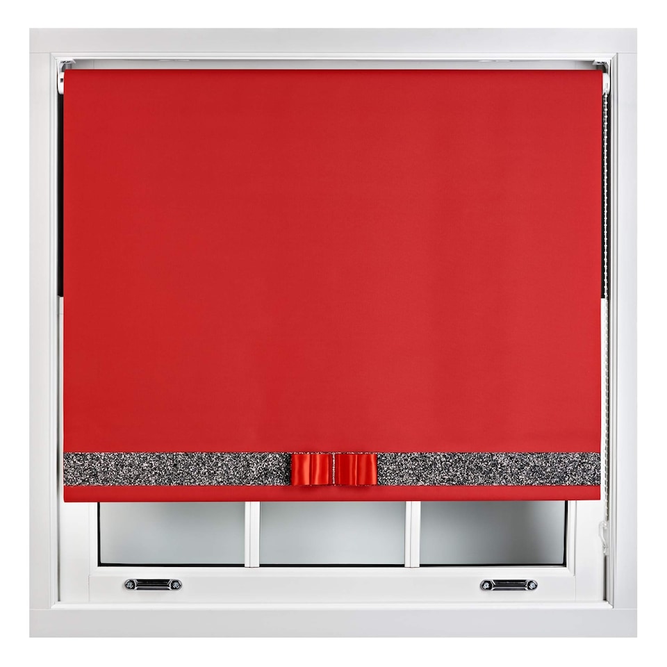 image 1 of FURNISHED Blackout Roller Blind with Black Glitter Trim and Red Bow Trimmable Window Shade | Red | Red | (W) 65cm x (L) 165cm