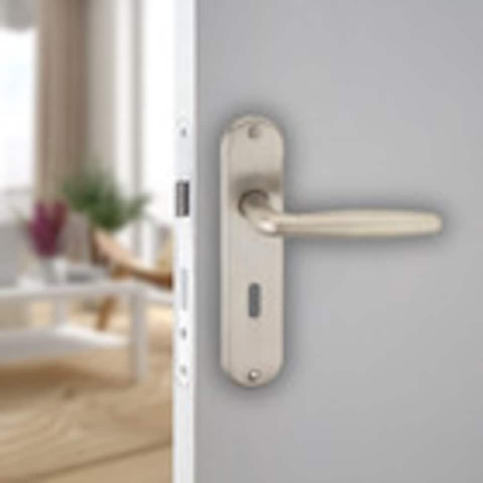 image 1 of Rouen Metal Lever Latch Door Handles Set Round Rose Internal & External | Silver | Satin Nickel Keyhole