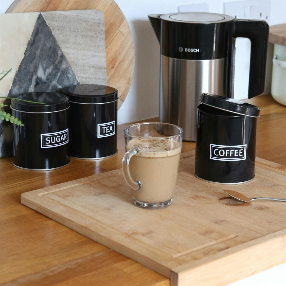 image 1 of Harbour Housewares 3pc Round Metal Tea Coffee Sugar Canister Set - Black - Kitchen Caddy Kitchen Storage Containers Canisters