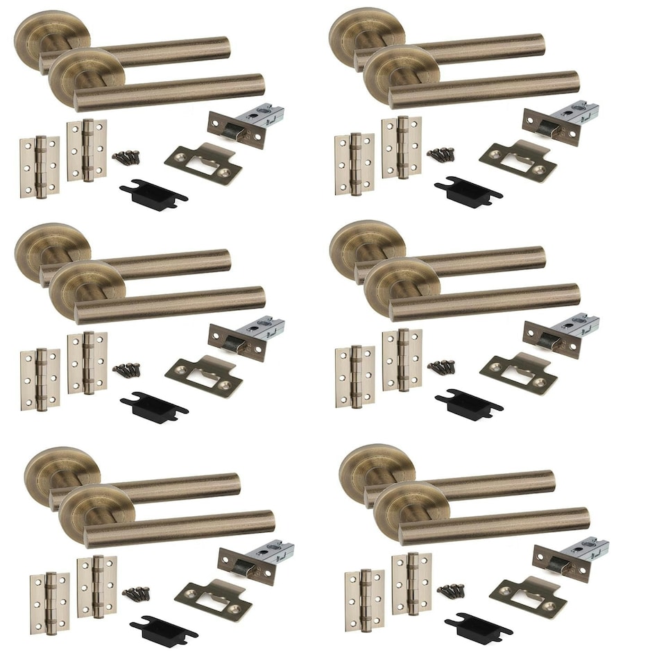image 1 of Golden Grace 6 Sets Straight T-Bar Design Door Handles in Antique Brass Finish with Tubular Latch and 1 Pair of 3" Ball Bearing Hinges Gold