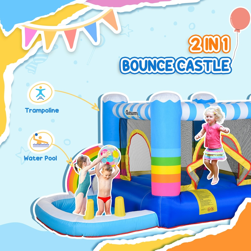 image 1 of Outsunny Kids Bouncy Castle with Pool Outdoor Trampoline W/ Net Blower 3-8 Yrs
