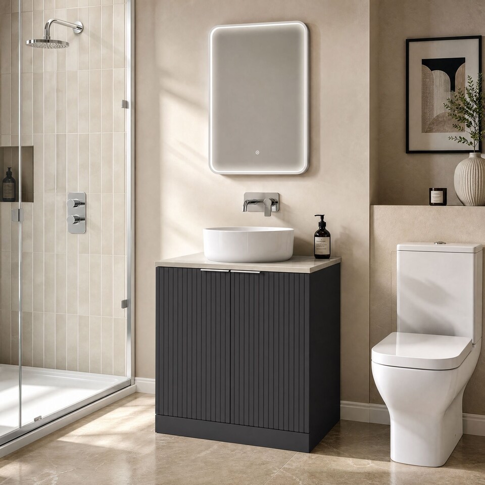image 1 of Balterley Callingwood Contemporary Floor Standing 2 Door Vanity Unit with Marble Plaster Laminate Worktop , 800mm, Dark Grey