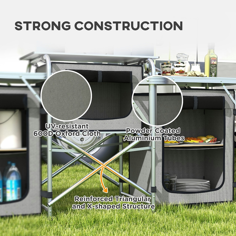 image 1 of Outsunny Portable Folding Camping Kitchen with Windshield Light Stand Carry Bag