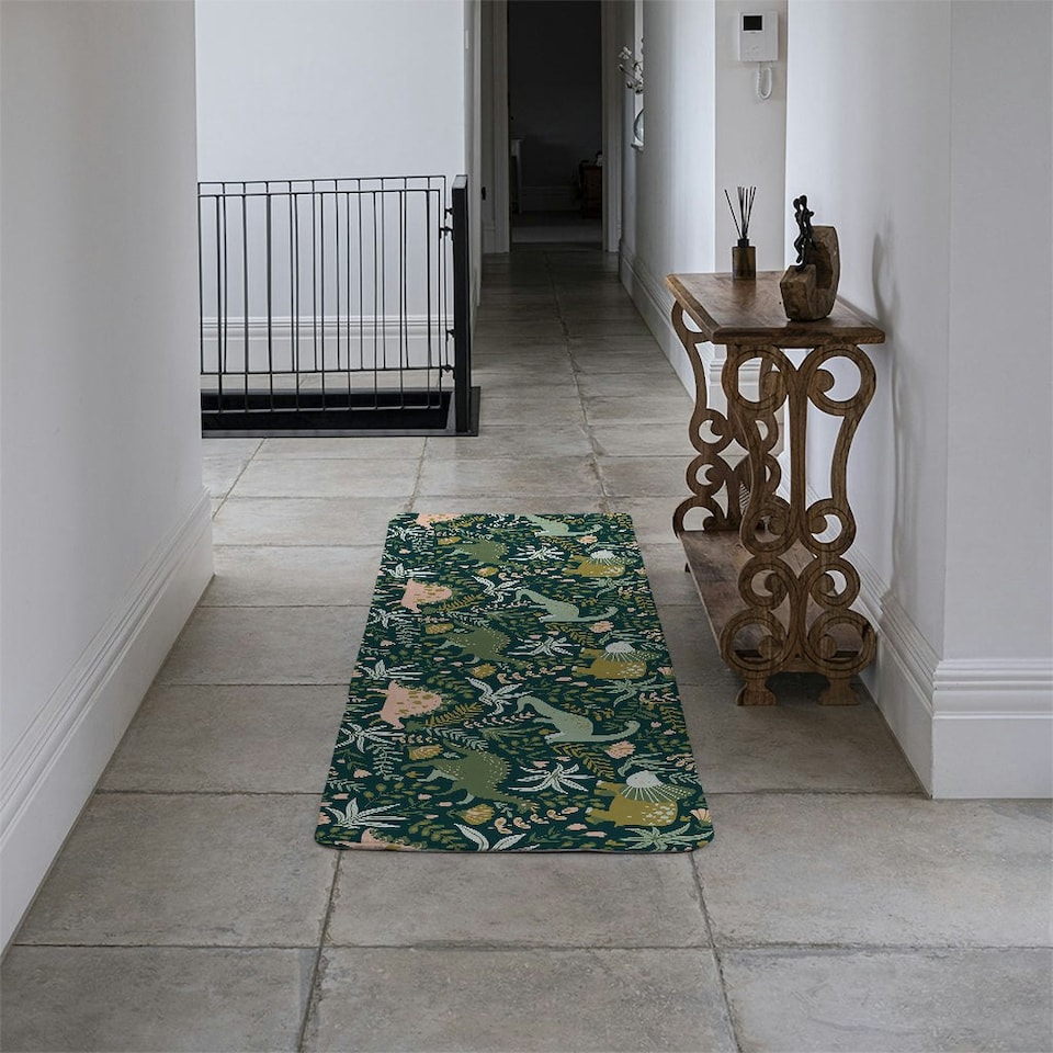 image 1 of Hand drawn seamless pattern with dinosaurs and tropical leaves and flowers Designer (Runner Rug)