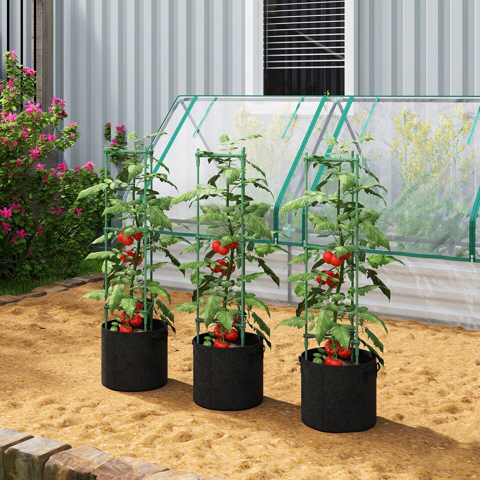 image 1 of Outsunny 3 Packs Tomato Cages with 83.7L Grow Bags, 120cm Plant Stakes | Green | Green