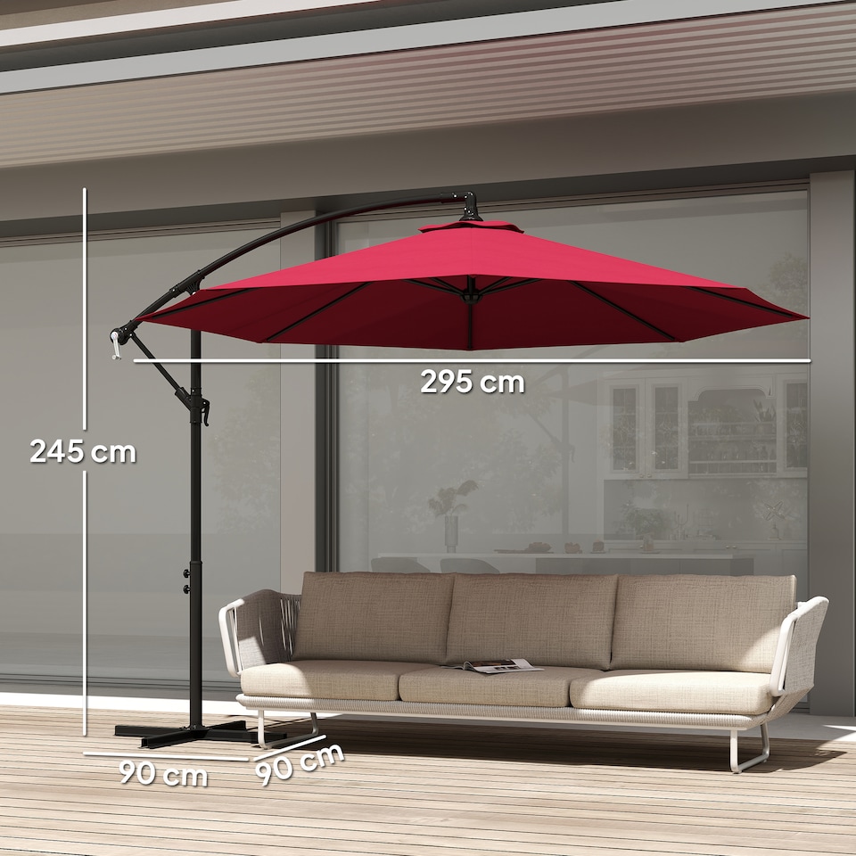 image 1 of Outsunny 3m Garden Banana Parasol Hanging Cantilever Umbrella with Crank Handle, 8 Ribs and Cross Base for Outdoor, Sun Shade, Wine Red