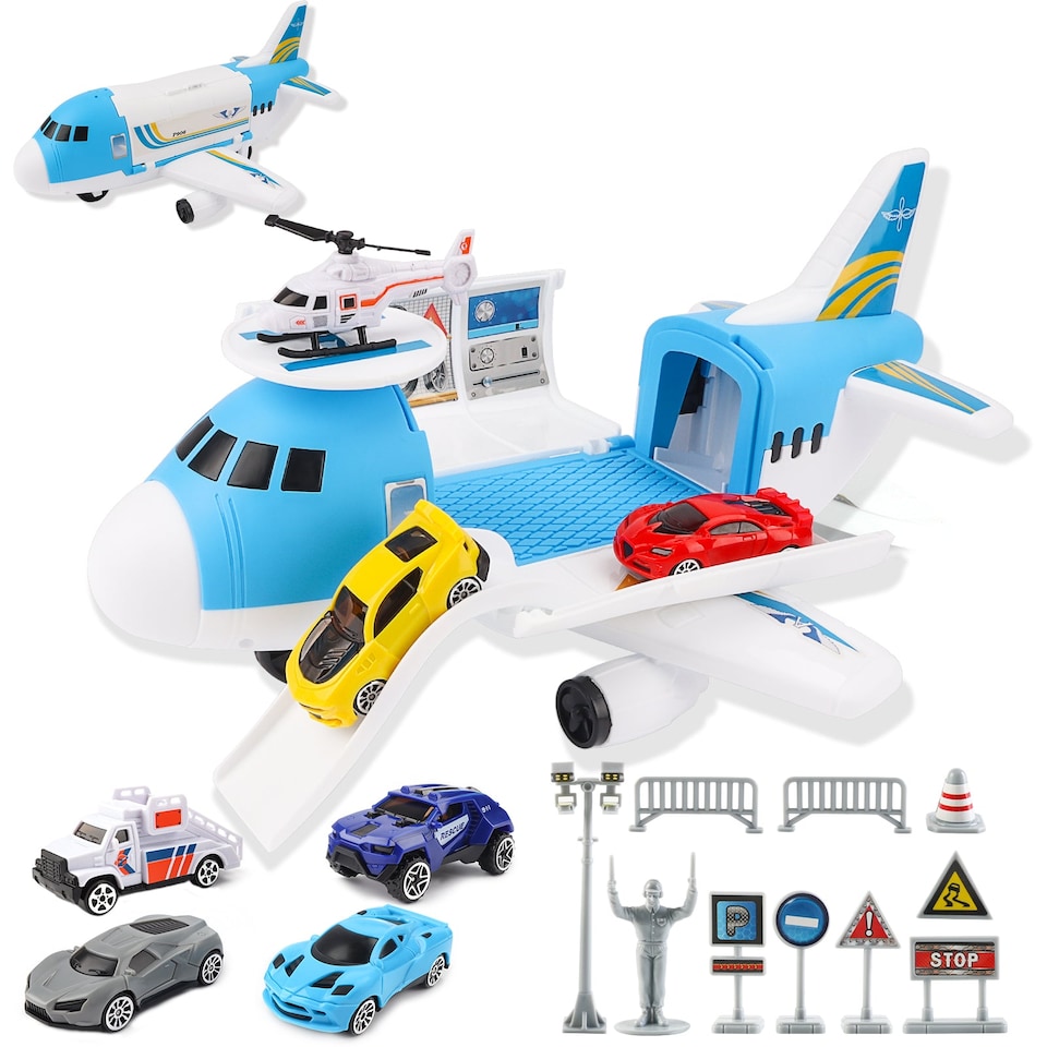 image 1 of Transport Cargo DIY Plane Car Toy Play Set – With 4 Mini Cars, Helicopter & Ramp – Educational Vehicle Storage Toy for Kid