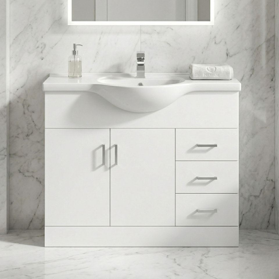 image 1 of Balterley 2 Door 3 Drawer Vanity Basin Unit with Round Basin | White | Gloss White