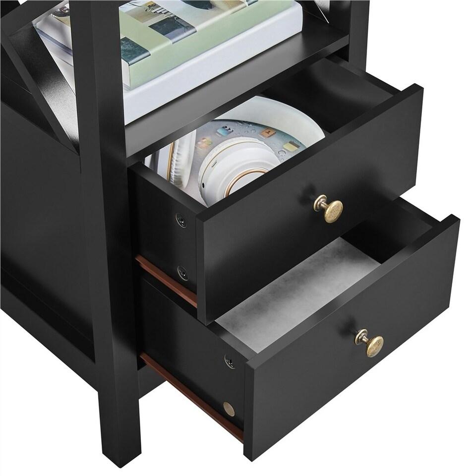 image 1 of Yaheetech Farmhouse Bedside Table with 2 Drawer 1 Shelf Black