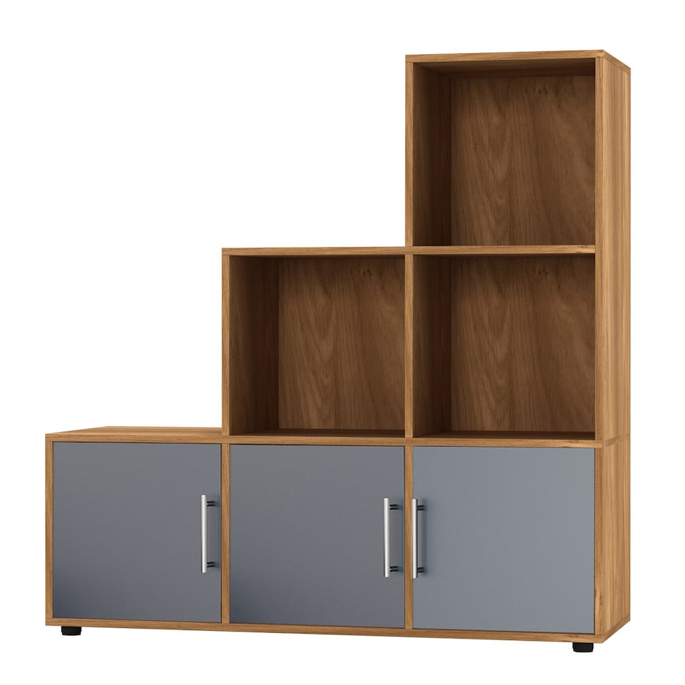 image 1 of 6-Cube Step Shelving Unit With Metal Handle Doors | Brown | Oak & Grey | 1