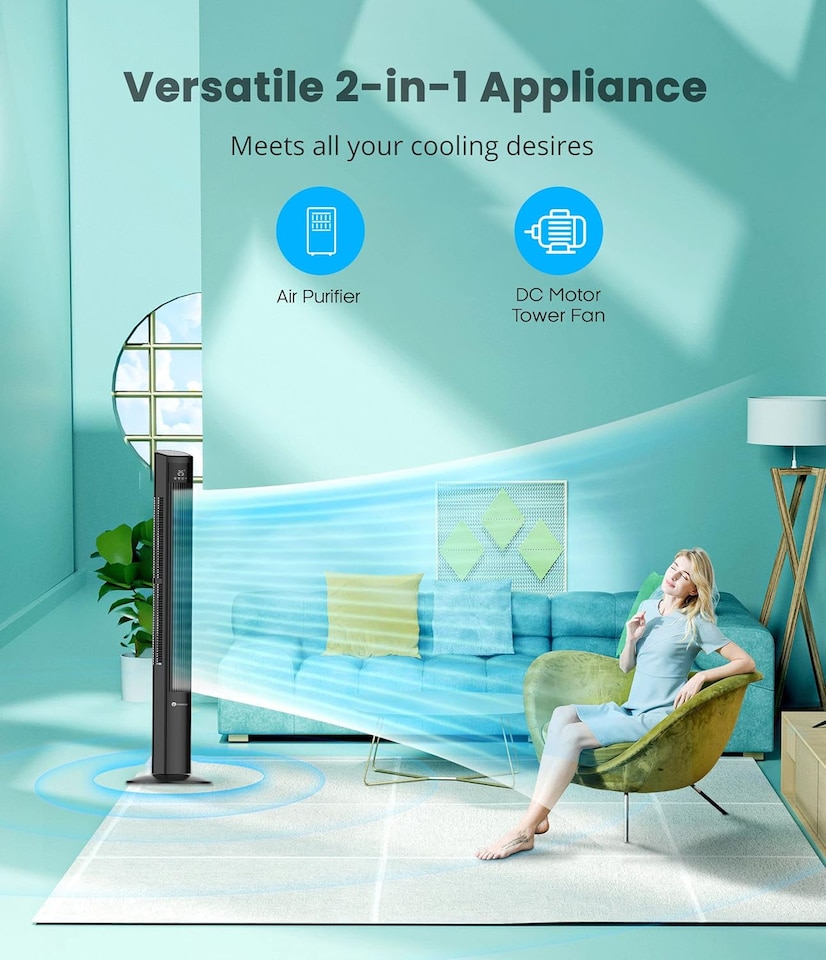 image 1 of 47 inch Oscillating Tower Fan with Remote Control Black