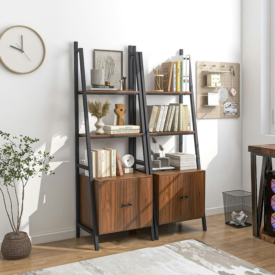 image 1 of COSTWAY 4-Tier Ladder Shelf Bookshelf Industrial Bookcase Brown