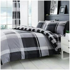 VELVETIO Waverly Check Duvet Cover Set Reversible Polycotton Easy Care Beddings Grey | Super King