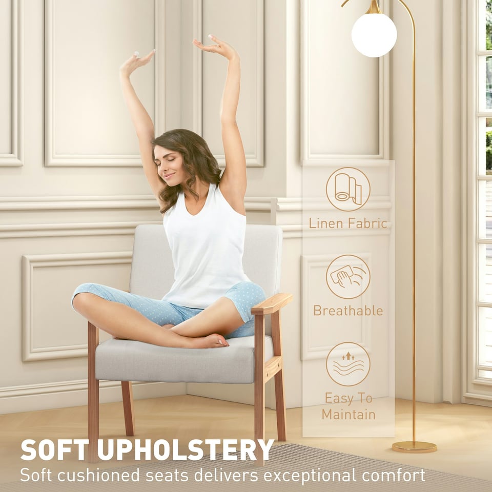 image 1 of HOMCOM Accent Chair with Wood Frame Wide Seat Linen Armchair Cream White