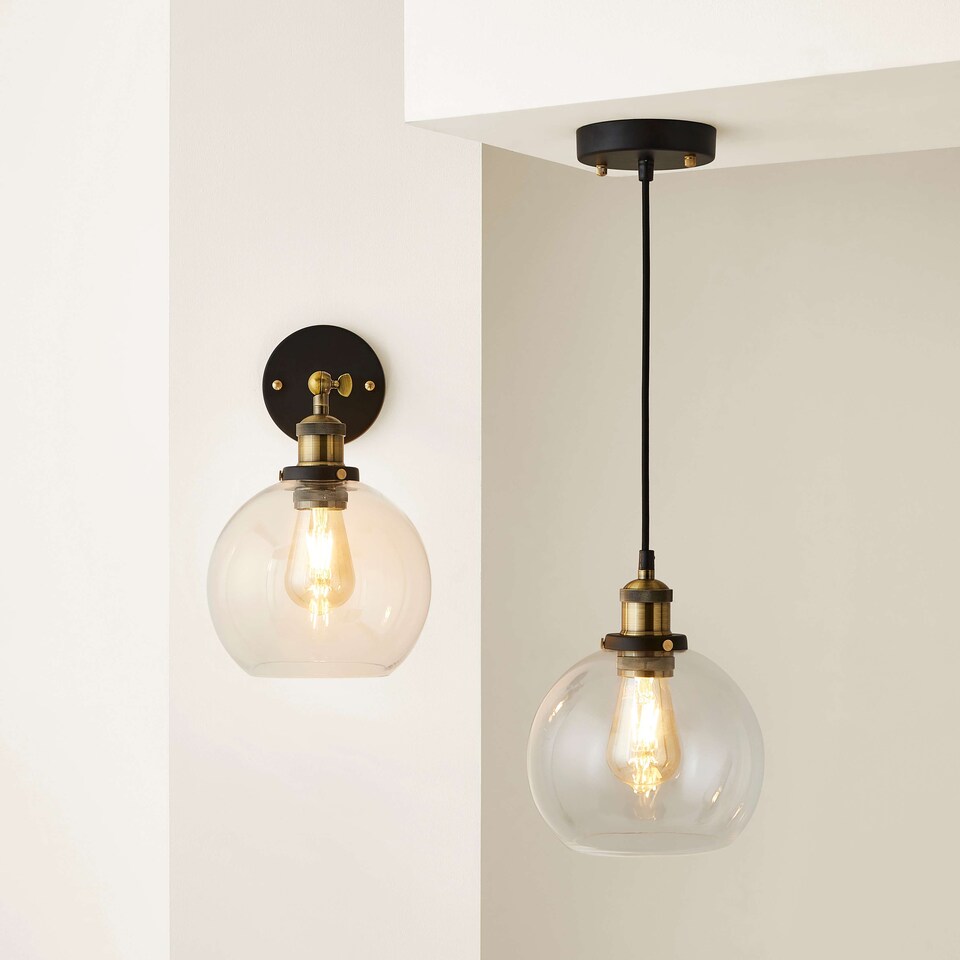 image 1 of ValueLights Sheridan Black and Gold Wall Light Fitting with a Clear Glass Globe Shade & Bulb | Chrome