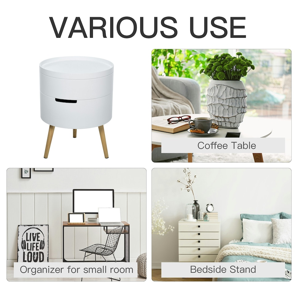 image 1 of HOMCOM Side Coffee Table End Desk Night Stand Storage w/ Detachable Tray, White White