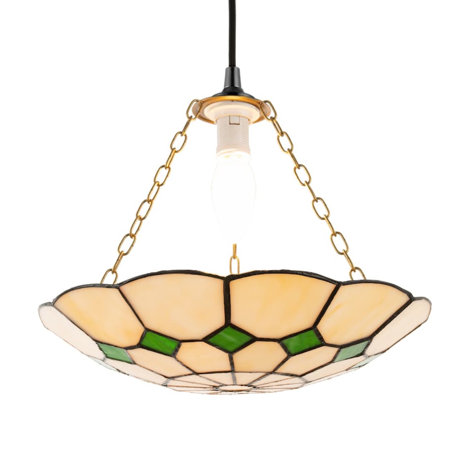 image 1 of Classic Amber Stained Glass Tiffany Pendant Lighting Shade with Green Diamonds | Green