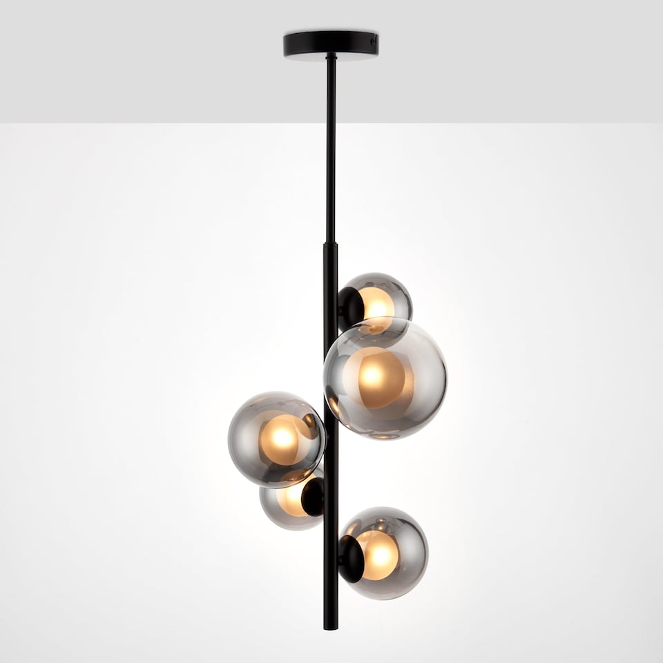 image 1 of Set of 2 Cole - Black with Smoke Glass 5 Light Ceiling Pendants