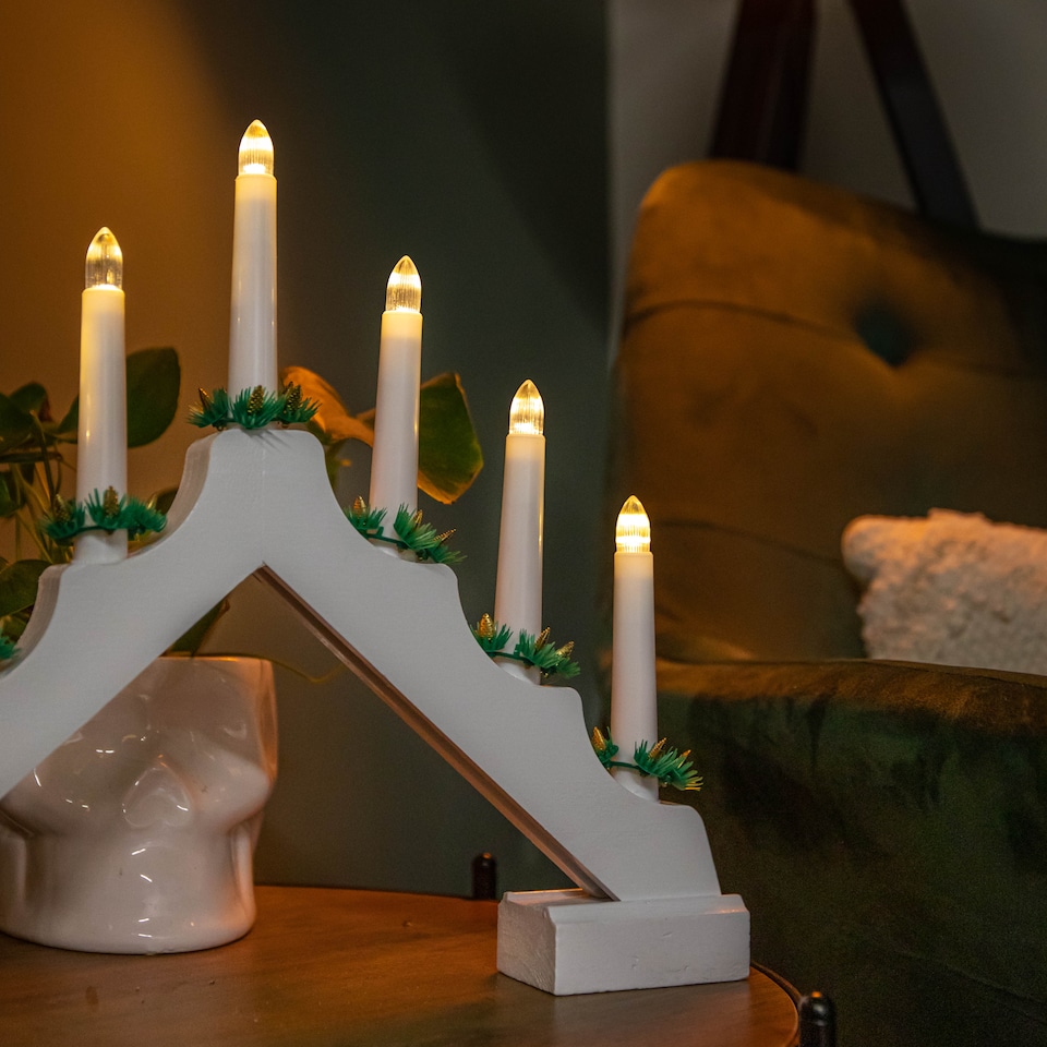 image 1 of 40cm Battery Operated Light up White Wooden Christmas Candle Bridge with 7 Warm White LEDs