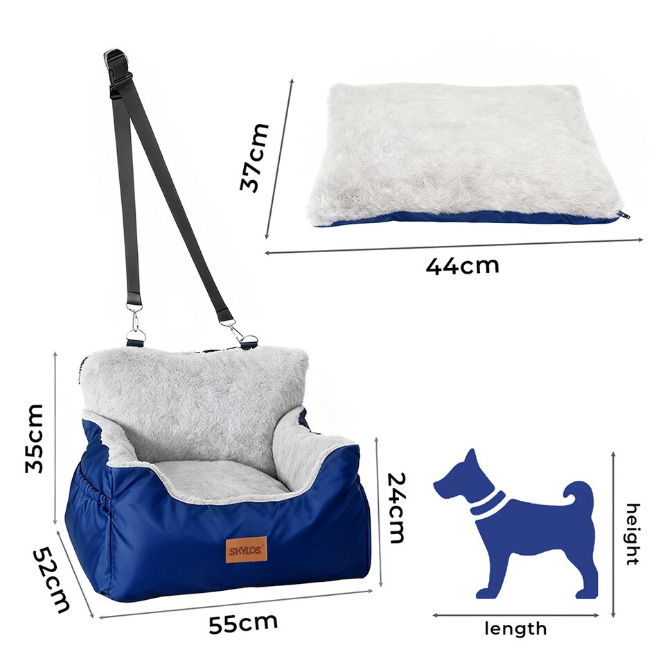image 1 of Skylos Dog Car Seat Bed Pet Booster Travel Carrier with Safety Leash | Blue | Blue | 1