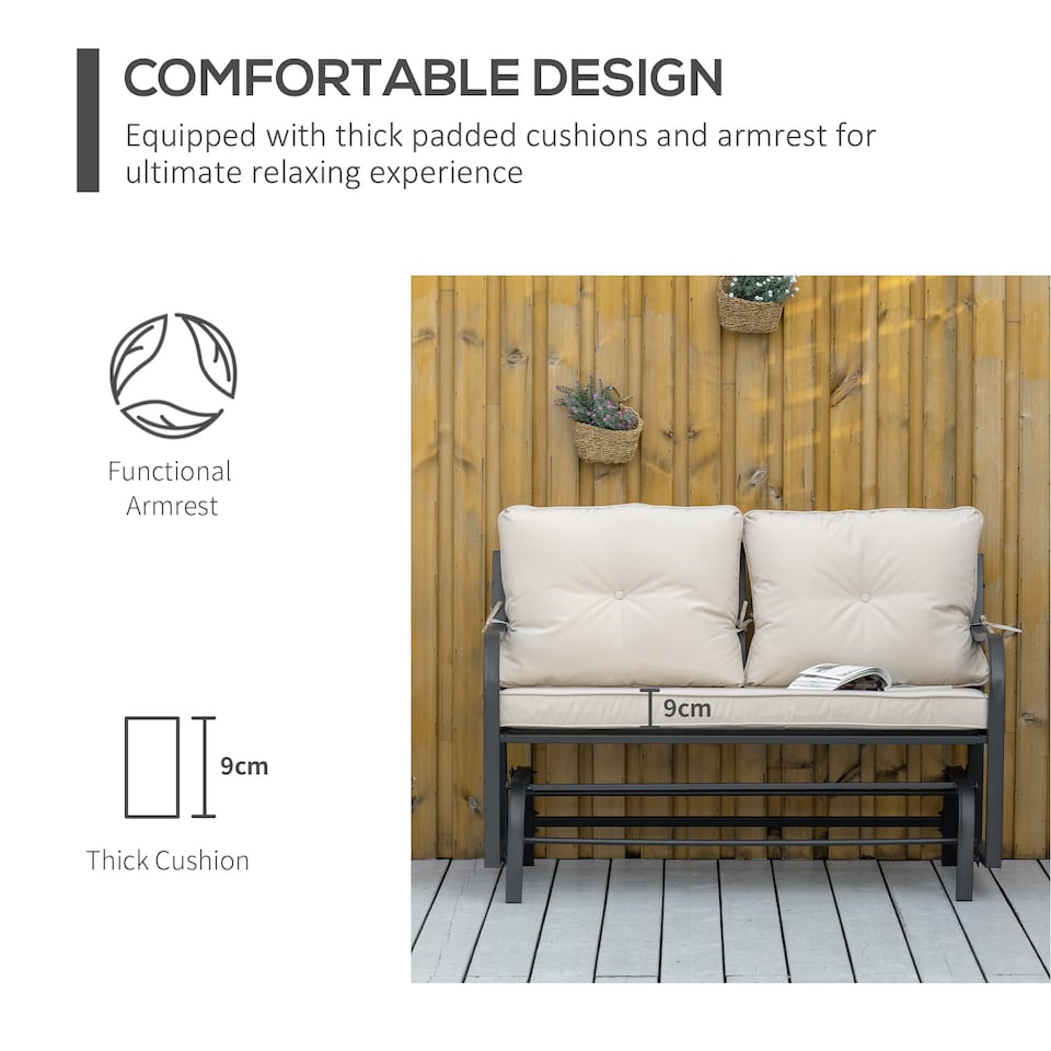image 1 of Outsunny 2-Person Outdoor Loveseat Glider Bench Rocking Chair for Patio, Garden, Yard, Porch with Armrest and Cushions, Khaki