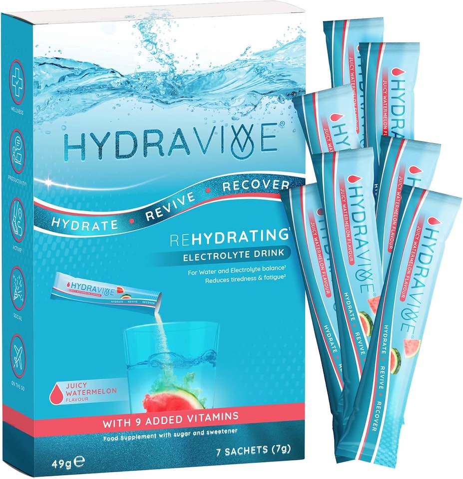 image 1 of Hydravive Rehydration Electrolytes Powder - High Strength Vitamin C and All 8 B Vitamins: B1, B3, B5, B12 Supplement Sachet Drink - 7 Pack Watermelon