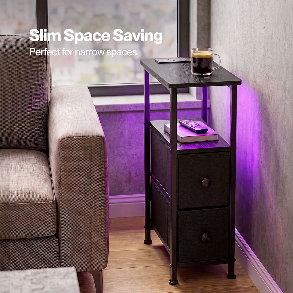 image 1 of Levede Bedside Table Narrow Side Table with LED Charging Station Storage Black