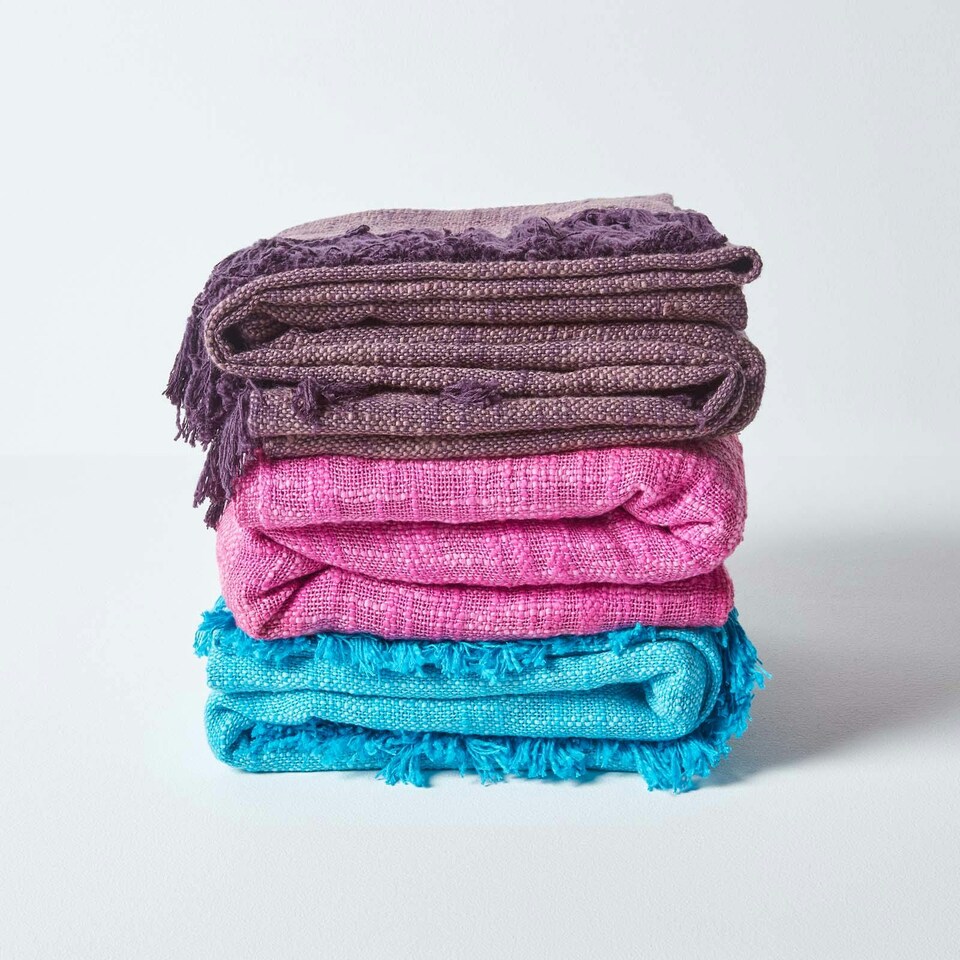 image 1 of Homescapes Nirvana Slub Cotton Pink Throw - 225 x 255 cm | Pink | 1