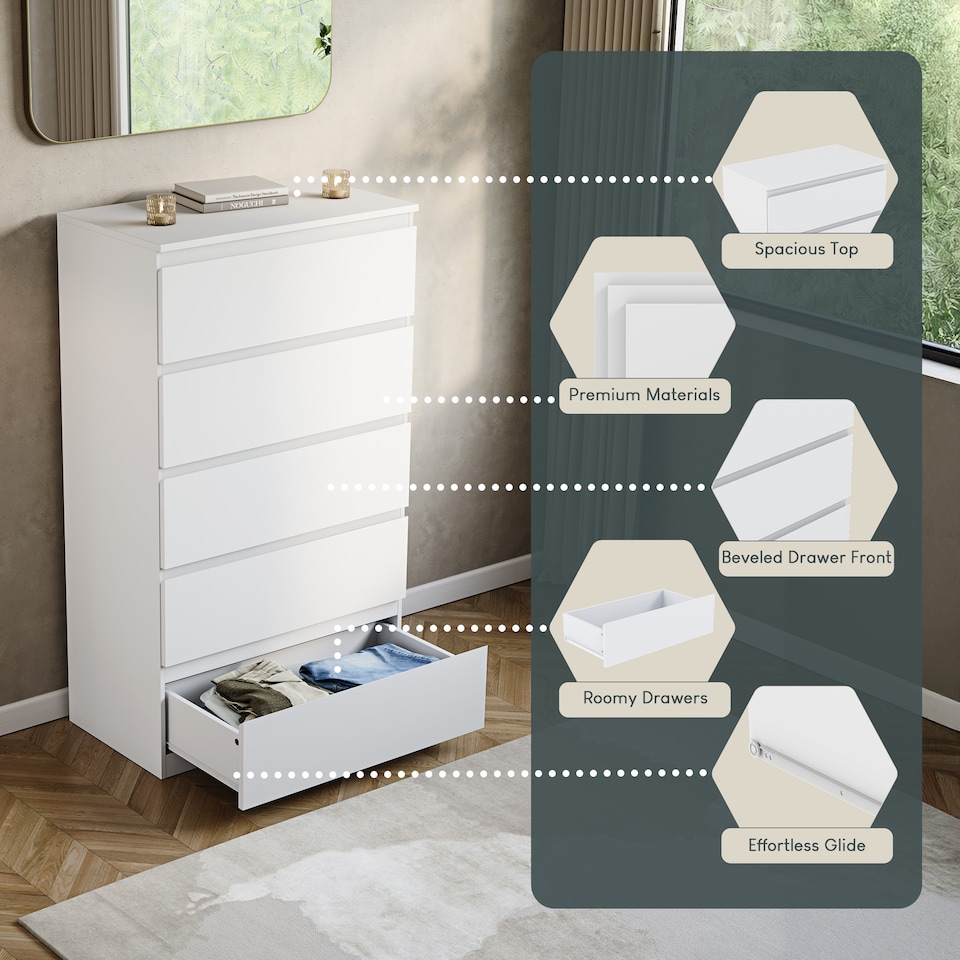 image 1 of Vida Designs Denver 5 Drawer Chest of Drawers Bedroom Storage, White