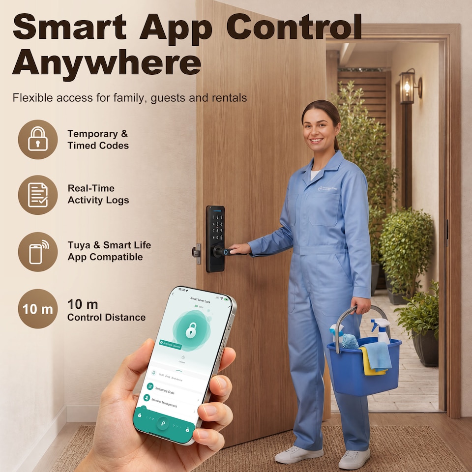 image 1 of HOMCOM Smart Door Lock, Fingerprint/Passcode/APP/NFC/Key, Doorbell