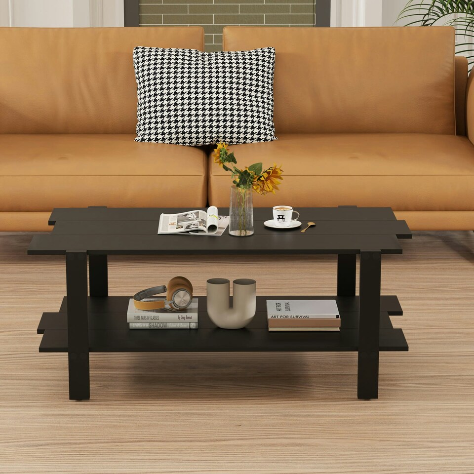 image 1 of COSTWAY 2-Tier Coffee Table Slatted Wood Center Table Black Black