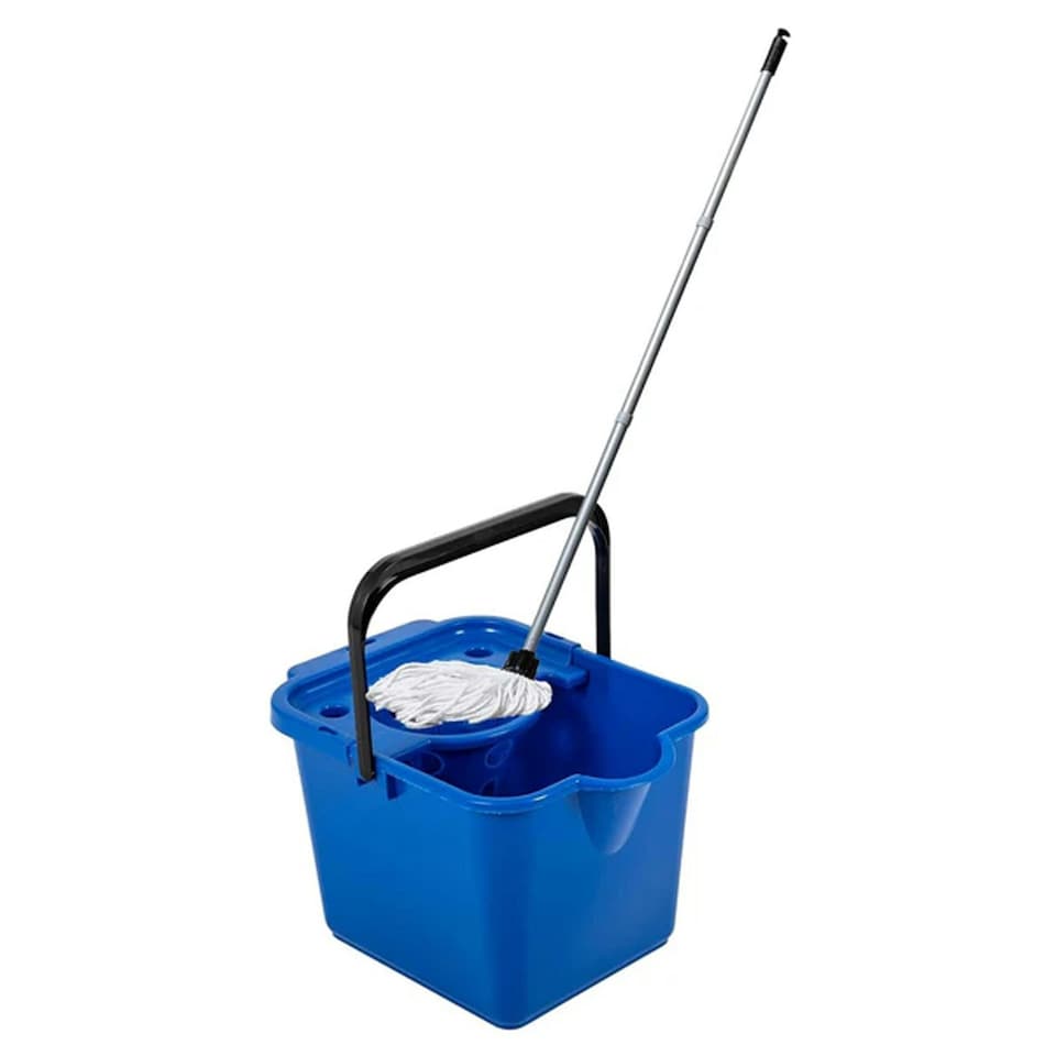 image 1 of 1 x Blue 12 Litre Cotton Mop & Bucket Hard Floor Cleaning Set With Wringer & Pouring Lip