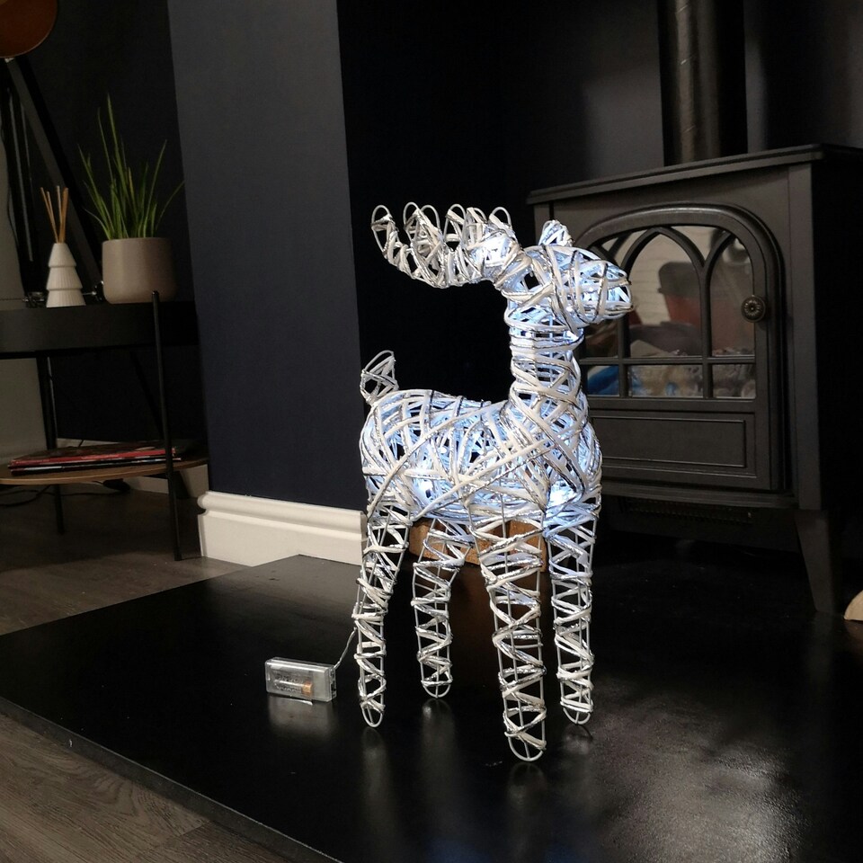 image 1 of 53cm Battery Operated White Rattan Woven Christmas Reindeer with White LEDs